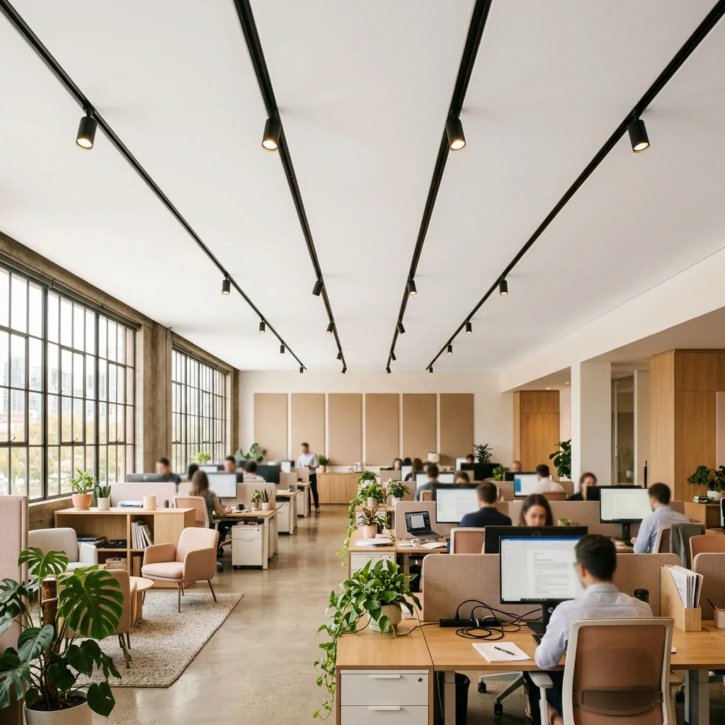 Офисное помещение с магнитными треками в натяжных потолках open space